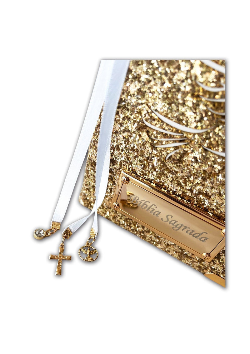 Kit Bíblia média Glitter Dourado Pombinha do Espírito + Cartela de índice + Placa grande