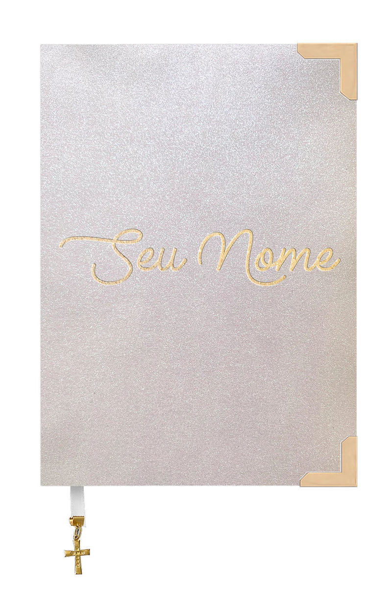 Bíblia Glitter Branco com Nome personalizado em Dourado